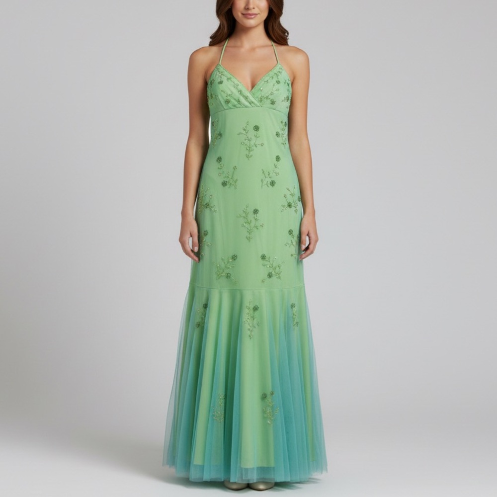 Y2K City Triangles Ombre Tulle‎ Beaded Green Maxi Prom Dress Women’s Size Small